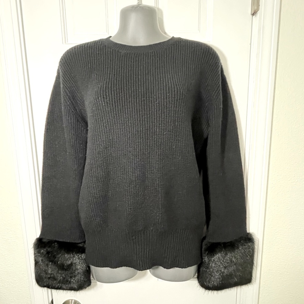 Love Token Black Long Sleeve Sweater with Faux Fur Cuffs